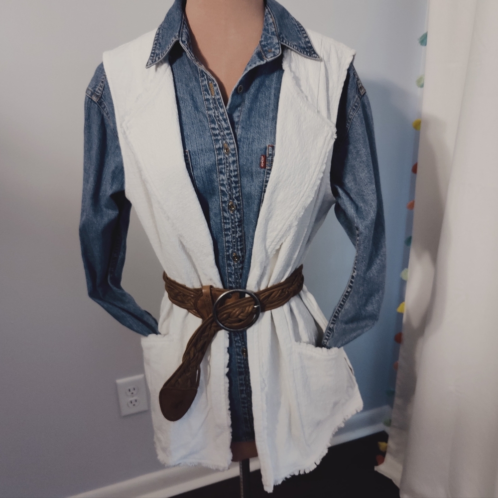 Heavy cotton linen long line vest big lapels pockets luxurious minimal natural